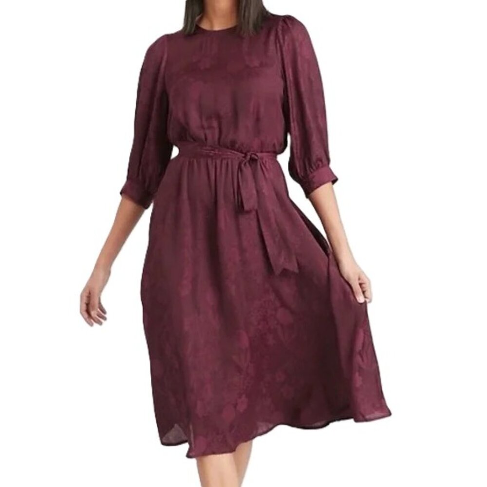 BANANA REPUBLIC Puff-Sleeve Satin Jacquard Midi Dress. Size XS